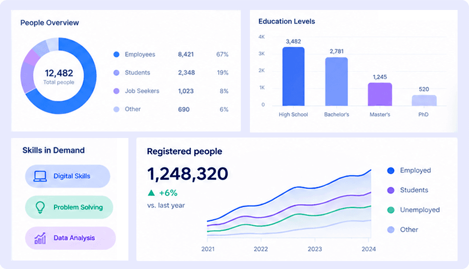 Data Provisioning dashboard: people overview by group, education levels, skills in demand and registered people over time